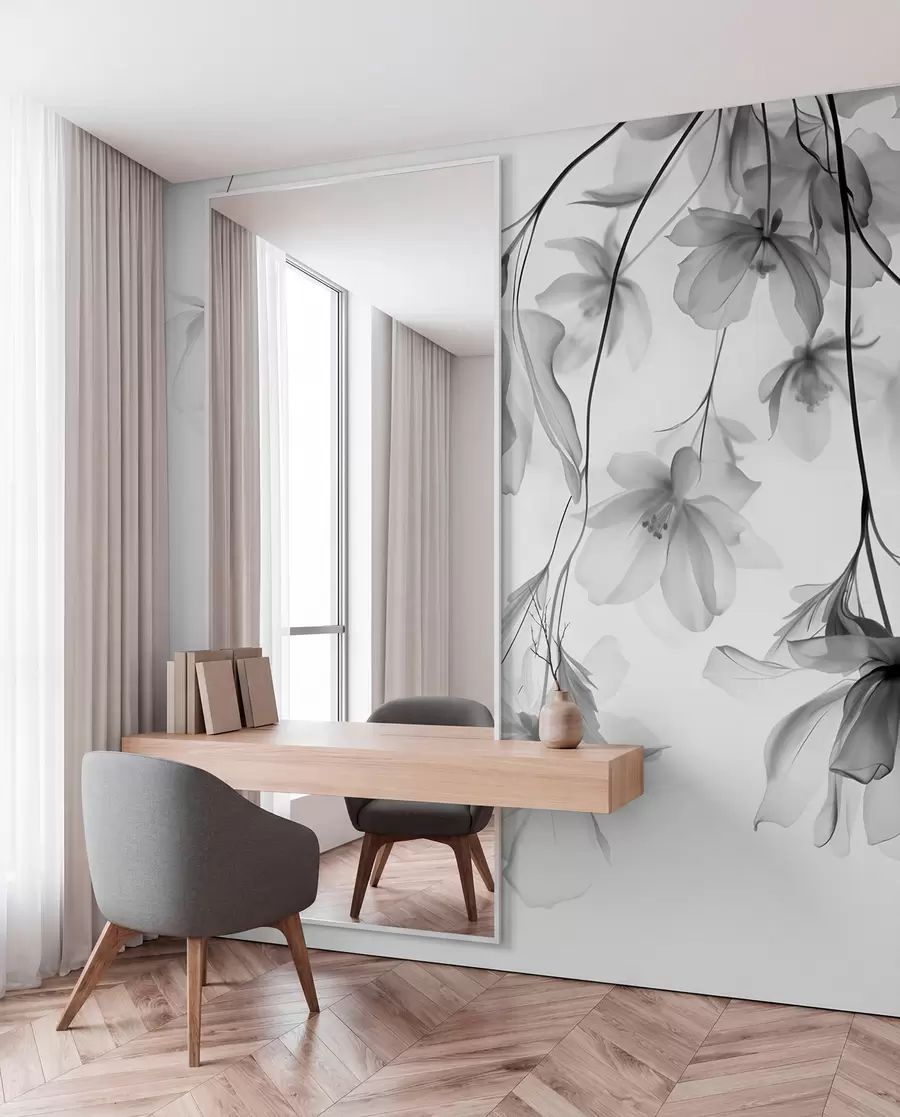 Fototapete Schwarze Blumen mit durchscheinenden Blütenblättern hängen von einem Zweig, schwarz und weiß, minimalistische moderne Kunst Komposition w08911