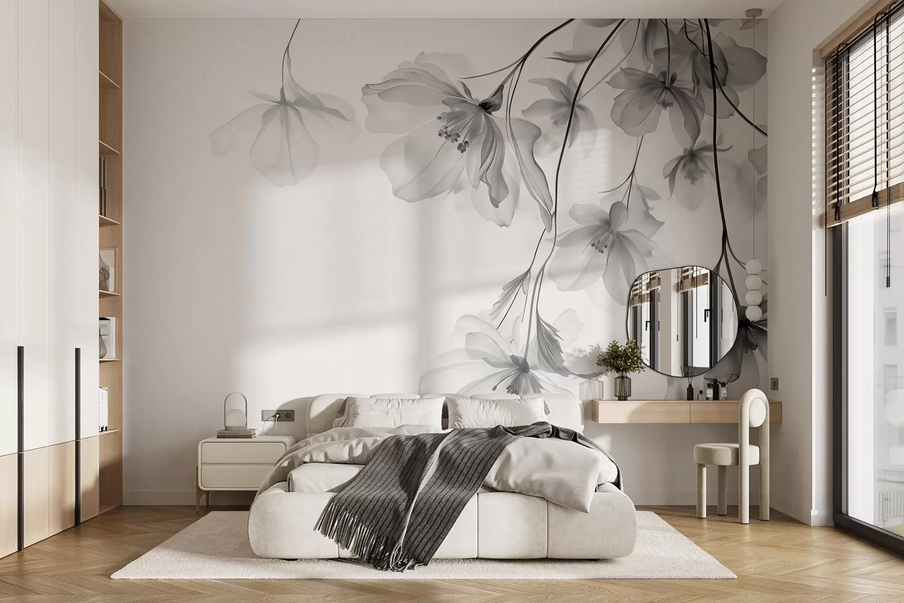 Fototapete Schwarze Blumen mit durchscheinenden Blütenblättern hängen von einem Zweig, schwarz und weiß, minimalistische moderne Kunst Komposition w08911