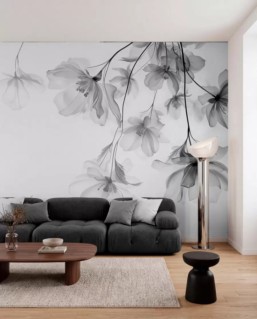 Fototapete Schwarze Blumen mit durchscheinenden Blütenblättern hängen von einem Zweig, schwarz und weiß, minimalistische moderne Kunst Komposition w08911