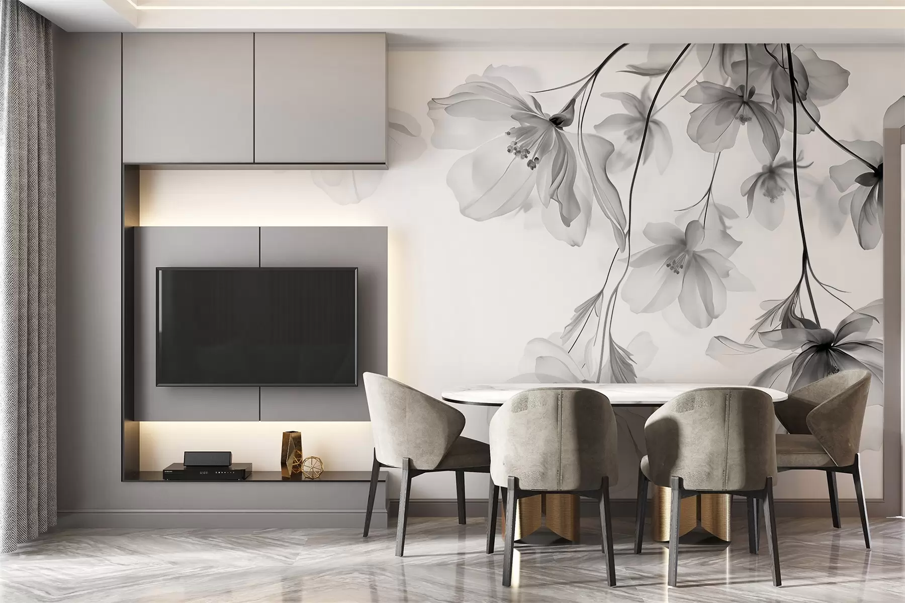 Fototapete Schwarze Blumen mit durchscheinenden Blütenblättern hängen von einem Zweig, schwarz und weiß, minimalistische moderne Kunst Komposition w08911