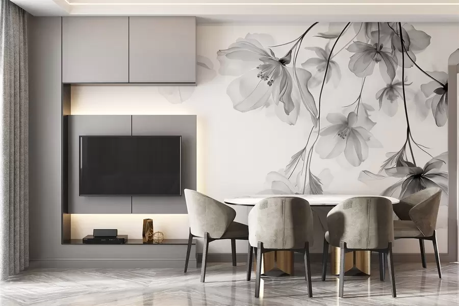 Fototapete Schwarze Blumen mit durchscheinenden Blütenblättern hängen von einem Zweig, schwarz und weiß, minimalistische moderne Kunst Komposition w08911