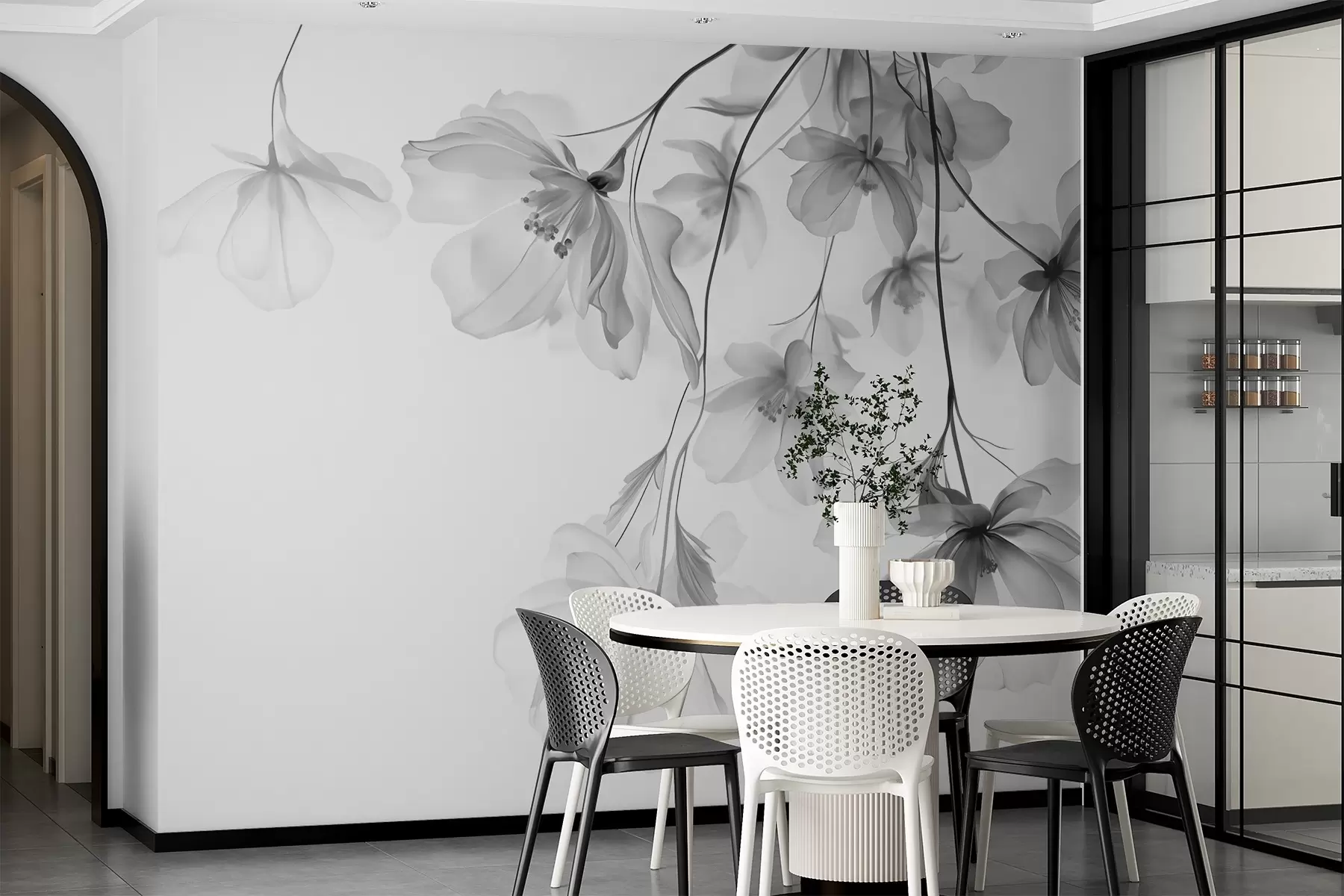 Fototapete Schwarze Blumen mit durchscheinenden Blütenblättern hängen von einem Zweig, schwarz und weiß, minimalistische moderne Kunst Komposition w08911