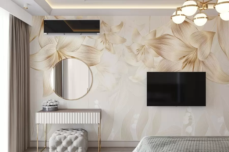 Fototapete Gelbe Lilien mit filigranen Liniendetails, elegantes Blumenarrangement, neutrale Farbpalette w08912