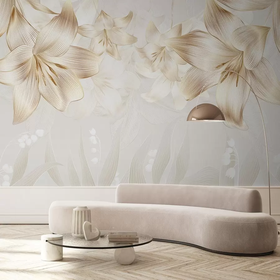 Fototapete Gelbe Lilien mit filigranen Liniendetails, elegantes Blumenarrangement, neutrale Farbpalette w08912