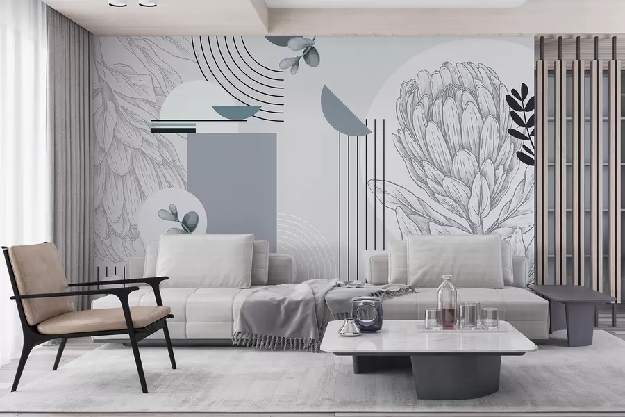 Fototapete Abstrakter botanischer Druck mit Protea-Blüte, Eukalyptusblättern, geometrischen Formen im minimalistischen Stil, Pastellfarben w08914v1