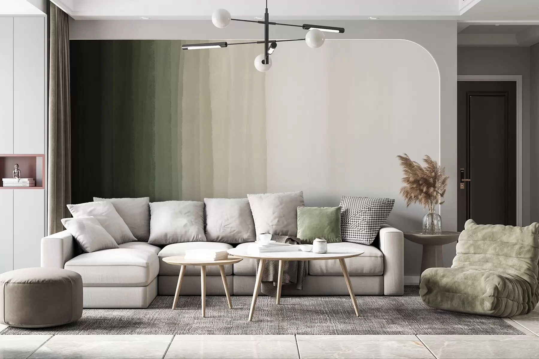 Fototapete Abstrakter minimalistischer Farbverlaufsdruck mit vertikalen Streifen in Dunkelgrün, Beige und Weiß  w08915