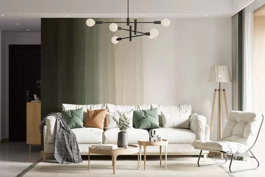 Fototapete Abstrakter minimalistischer Farbverlaufsdruck mit vertikalen Streifen in Dunkelgrün, Beige und Weiß  w08915