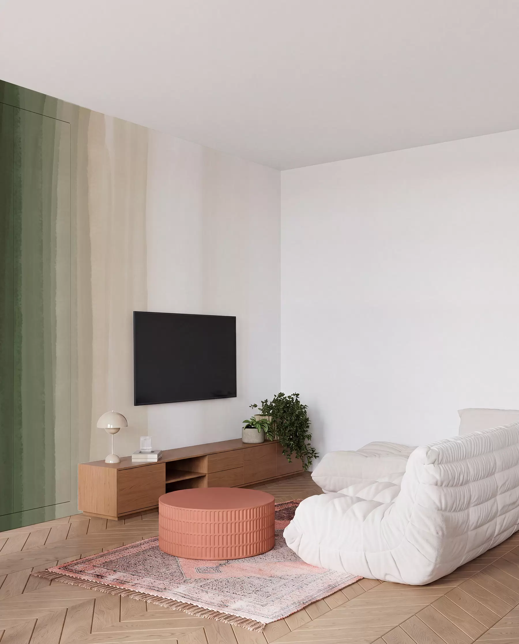 Fototapete Abstrakter minimalistischer Farbverlaufsdruck mit vertikalen Streifen in Dunkelgrün, Beige und Weiß  w08915