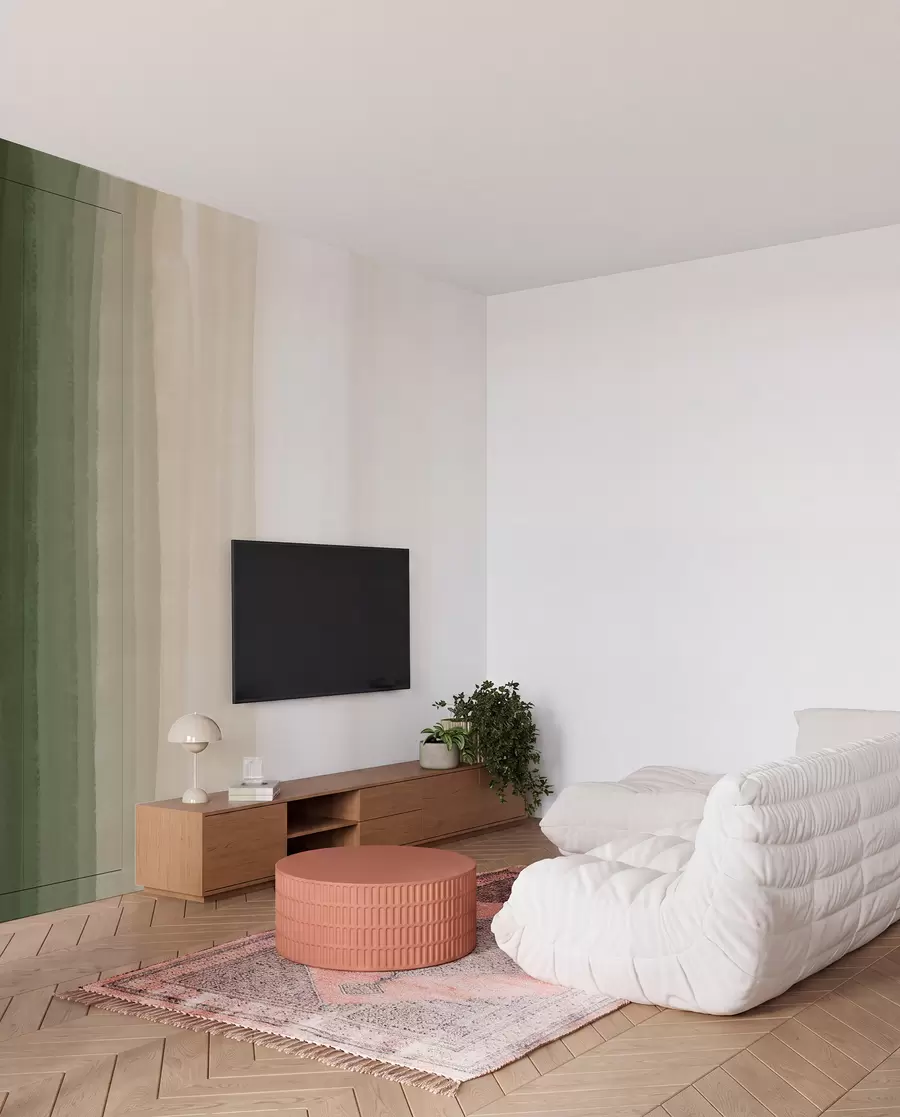 Fototapete Abstrakter minimalistischer Farbverlaufsdruck mit vertikalen Streifen in Dunkelgrün, Beige und Weiß  w08915