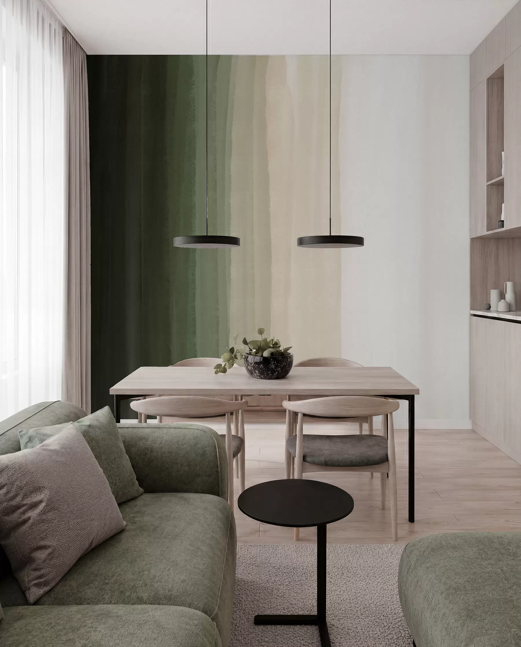Fototapete Abstrakter minimalistischer Farbverlaufsdruck mit vertikalen Streifen in Dunkelgrün, Beige und Weiß  w08915