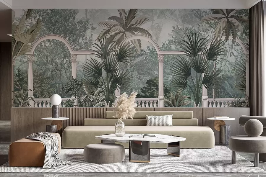 Fototapete Tropisch strukturierter Garten mit Palmen und üppiger Vegetation, Balustrade mit Bögen, gedeckte Farben, Vintage-Stil w08916