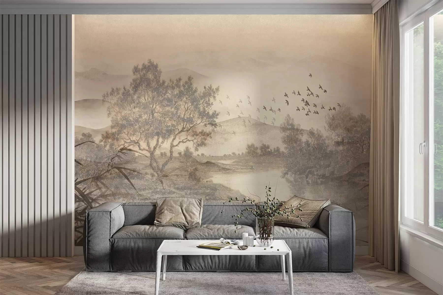 Fototapete Texturierte Vintage-Landschaft mit einem Baum in der Nähe von Fluss und einem bewölkten Himmel, Natur Kunst in Sepia-Tönen w08920
