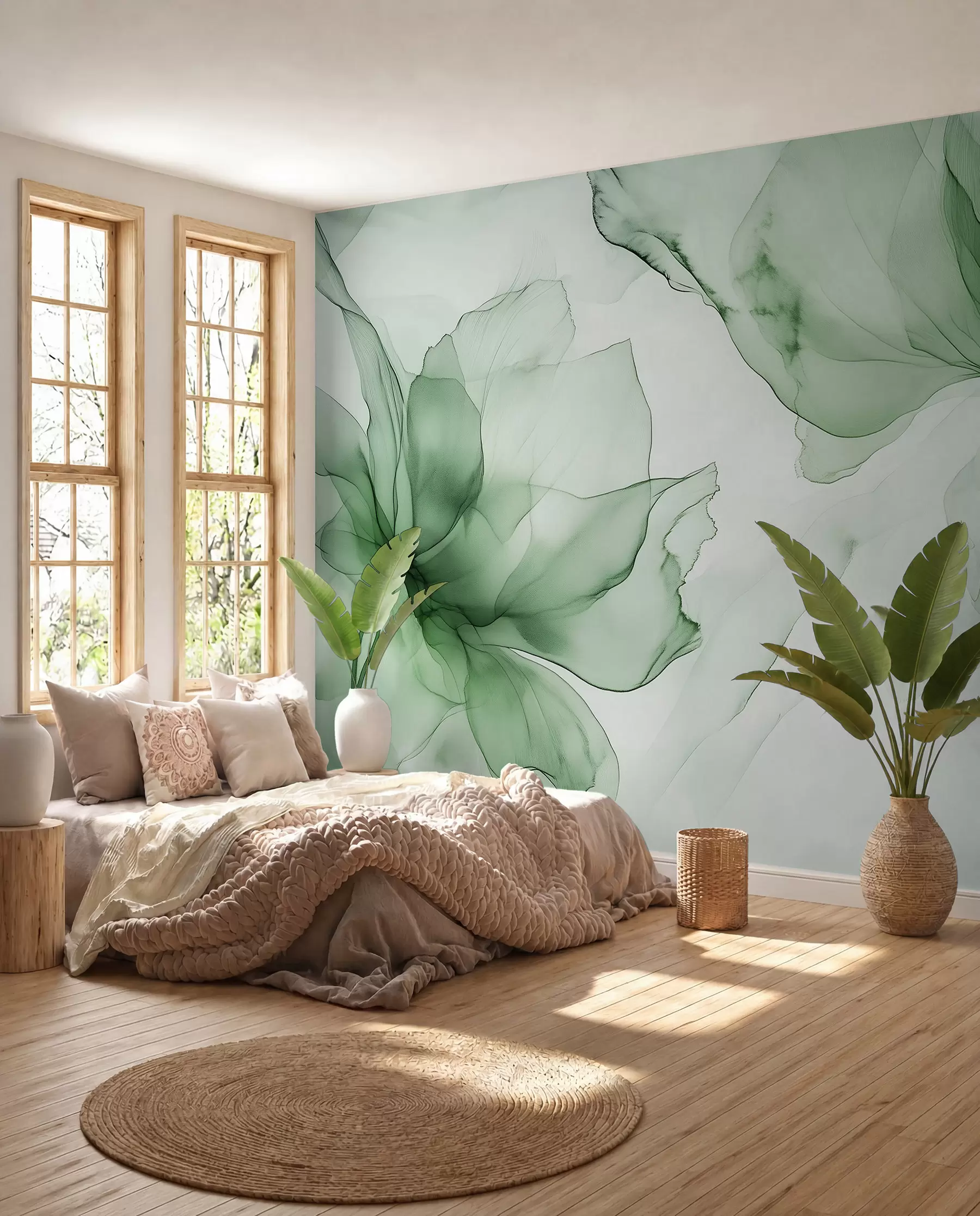 Fototapete Blumen im fließenden Stil, florale Abstraktion, Aquarell, grüne Farbpalette  w03406