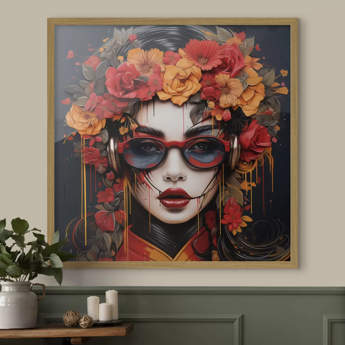 Poster Frau mit Blumen auf dem Kopf, Streetart-Stil f43362