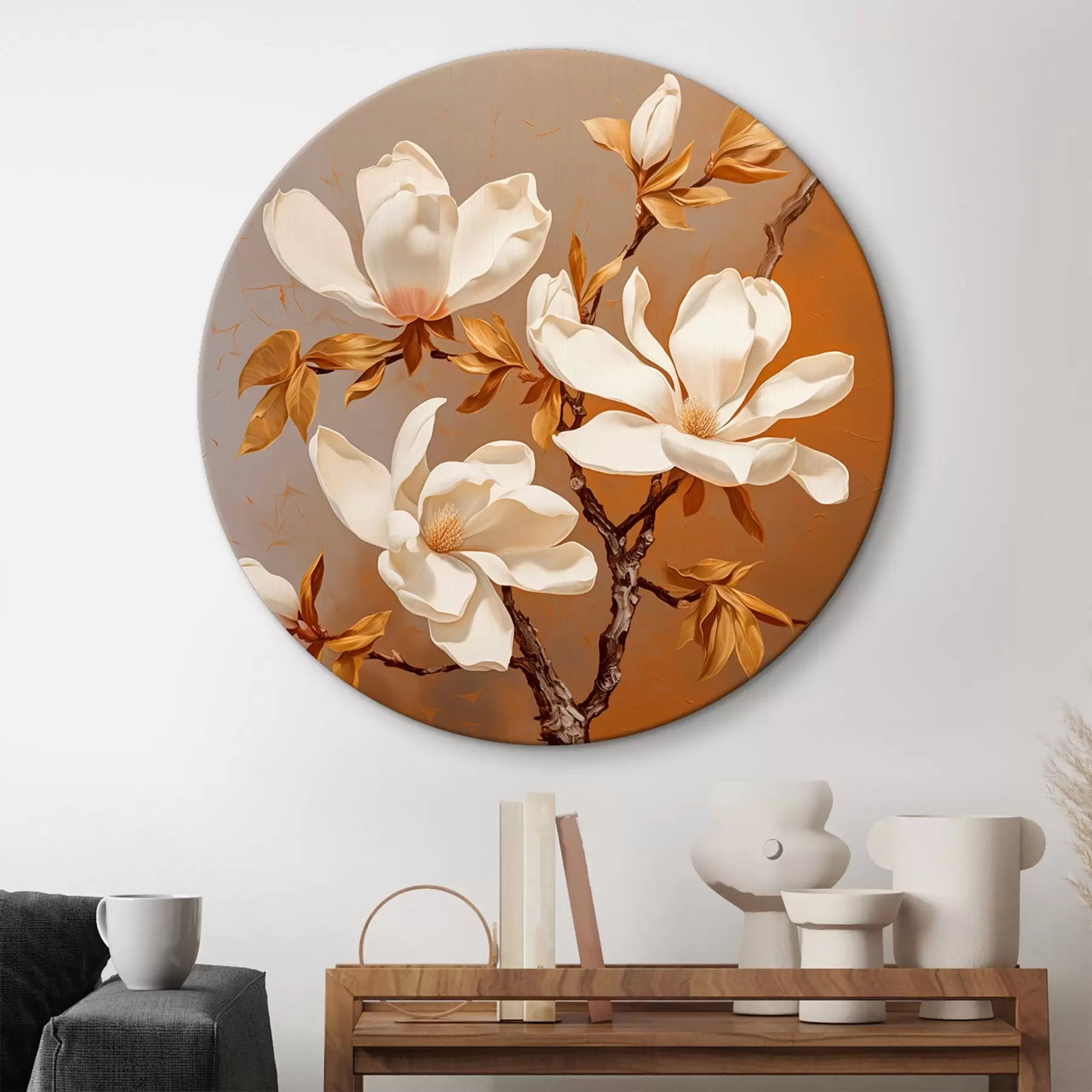 Fototapete Ölgemälde mit einer weißen Magnolie auf einem Zweig vor einem gelben Hintergrund r43361