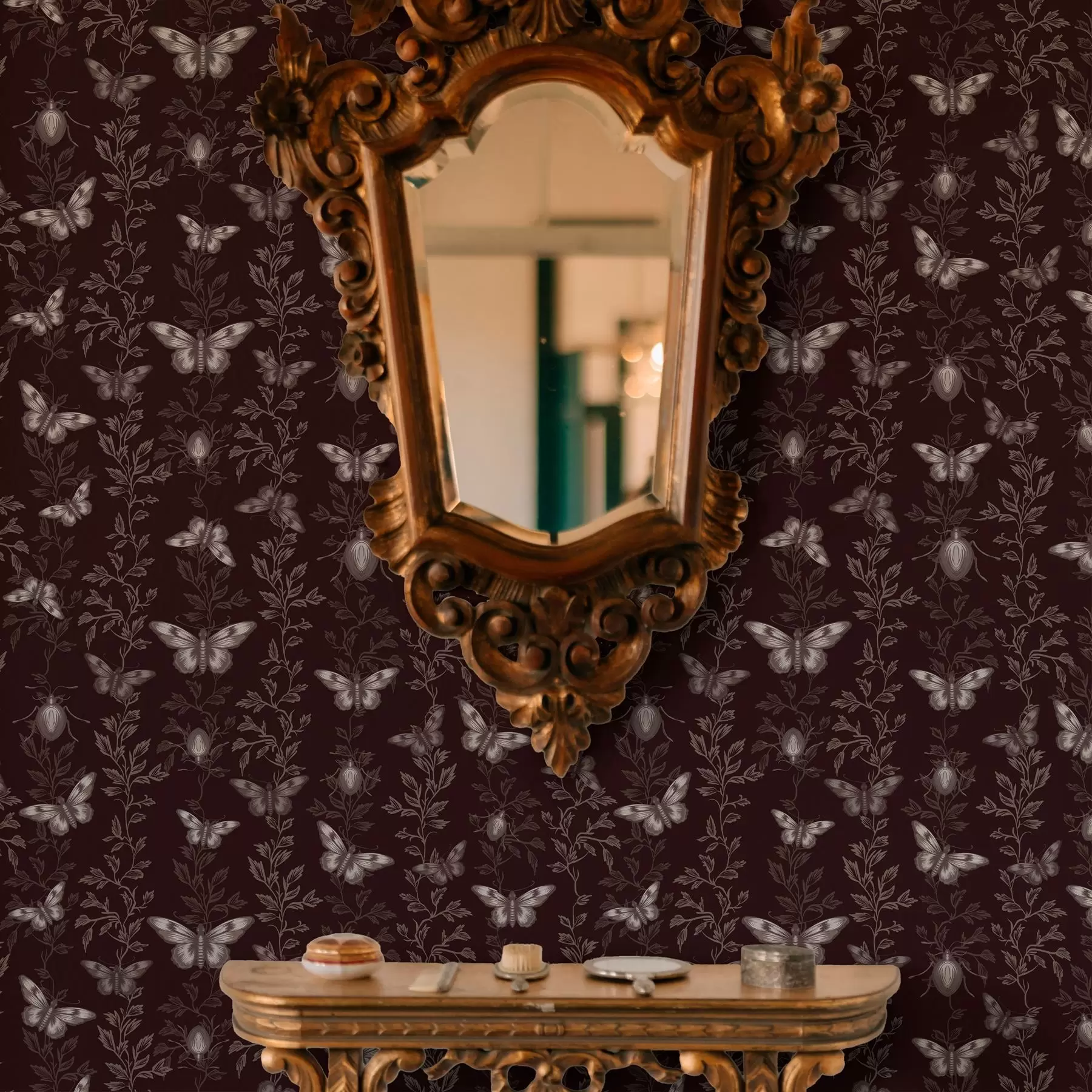 Fototapete Komposition mit Schmetterlingen, Blättern und Insekten auf dunklem Hintergrund a00073v1