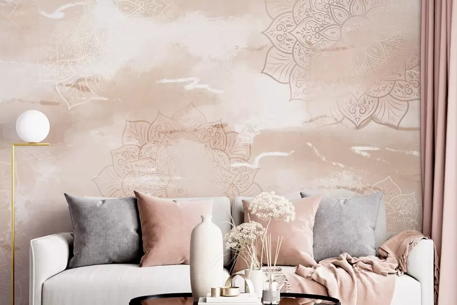 Fototapete Mandalas auf dem pastellfarbenen Hintergrund, lebendige Pinselstriche, beige Farben w03409