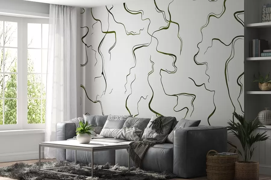 Fototapete Geometrische Linien, Tusche-Stil, Abstraktion, grüne Farben w03436