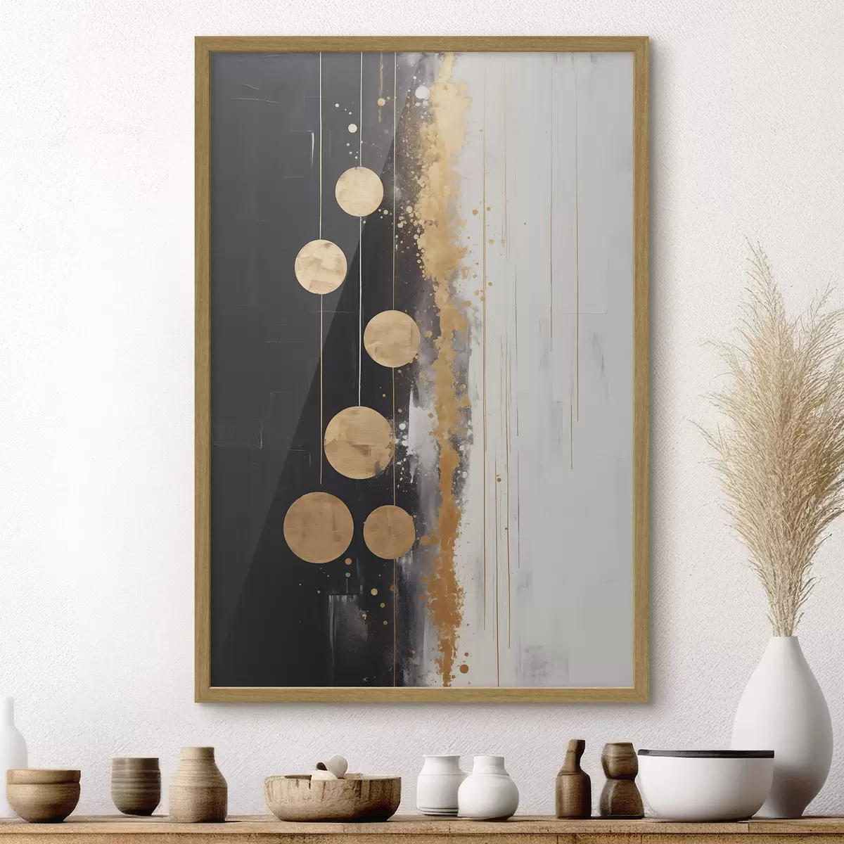 Poster Abstrakte Kunst mit gelben Kreisen auf schwarzem und weißem Hintergrund mit weißen und gelben Flecken hängen f43410