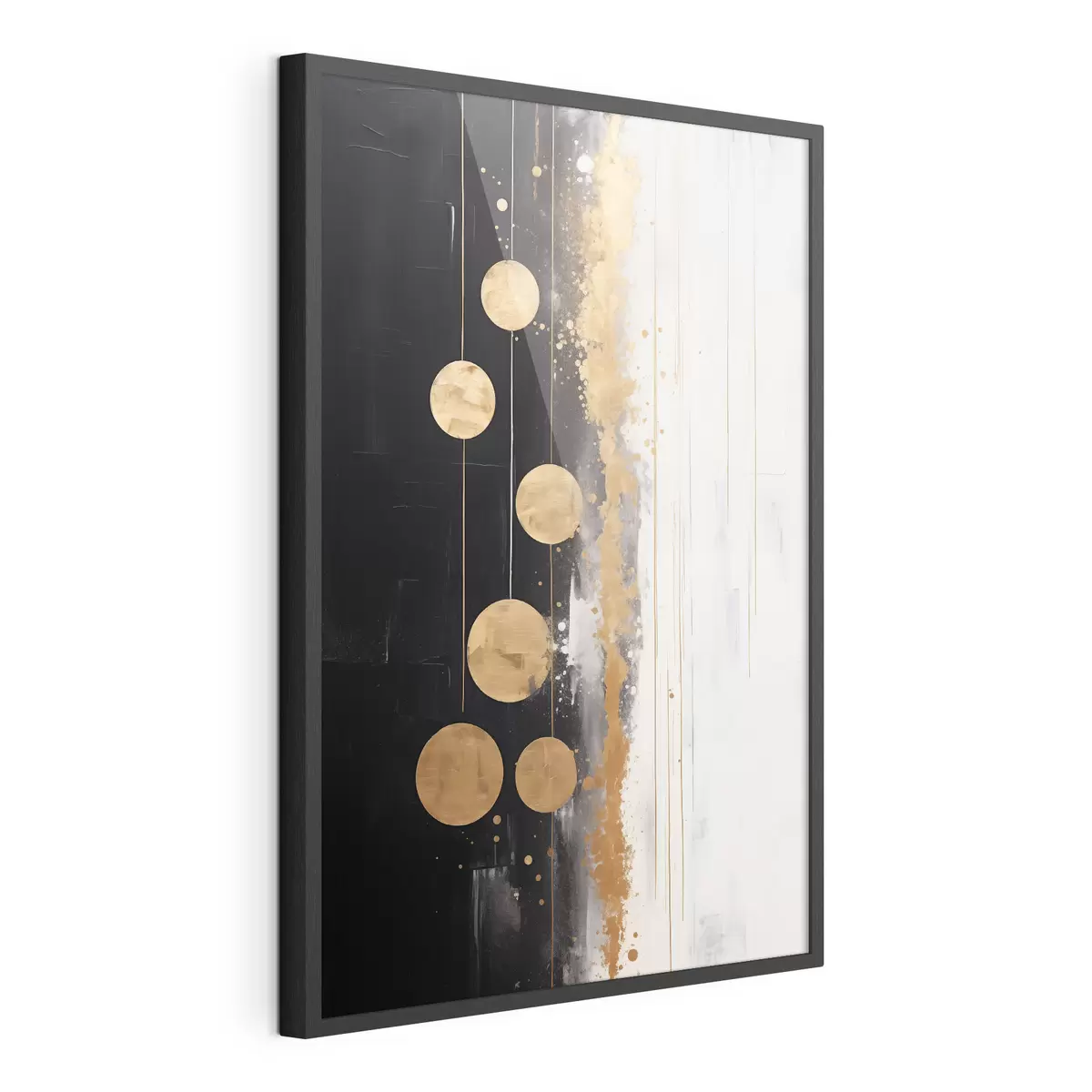 Poster Abstrakte Kunst mit gelben Kreisen auf schwarzem und weißem Hintergrund mit weißen und gelben Flecken hängen f43410