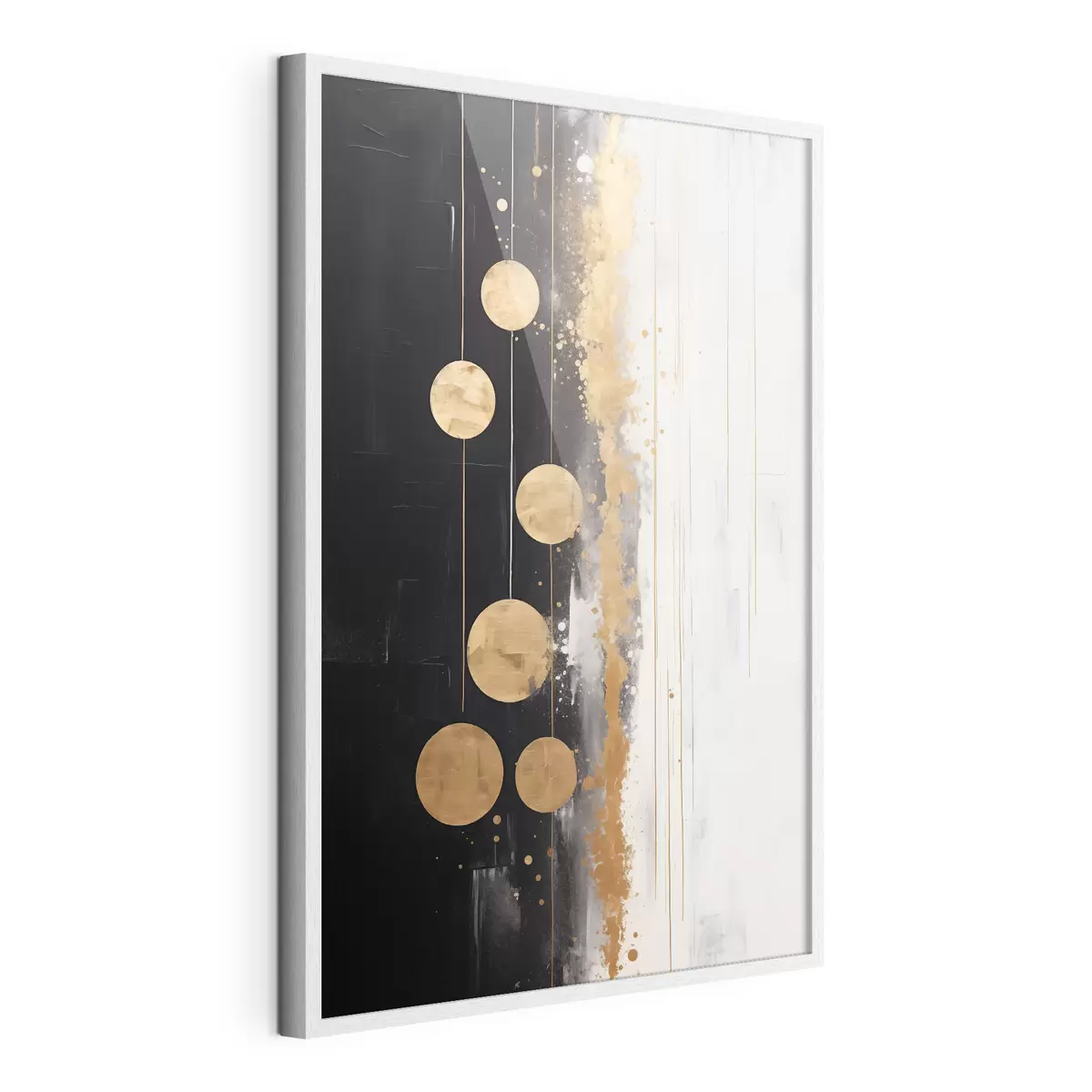 Poster Abstrakte Kunst mit gelben Kreisen auf schwarzem und weißem Hintergrund mit weißen und gelben Flecken hängen f43410
