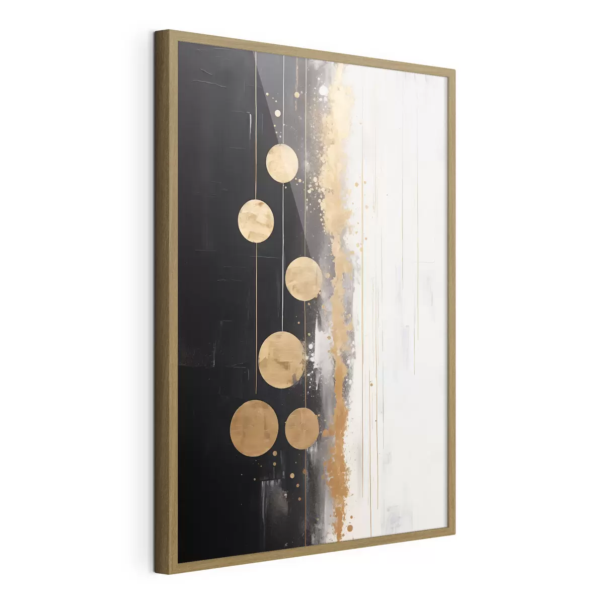 Poster Abstrakte Kunst mit gelben Kreisen auf schwarzem und weißem Hintergrund mit weißen und gelben Flecken hängen f43410