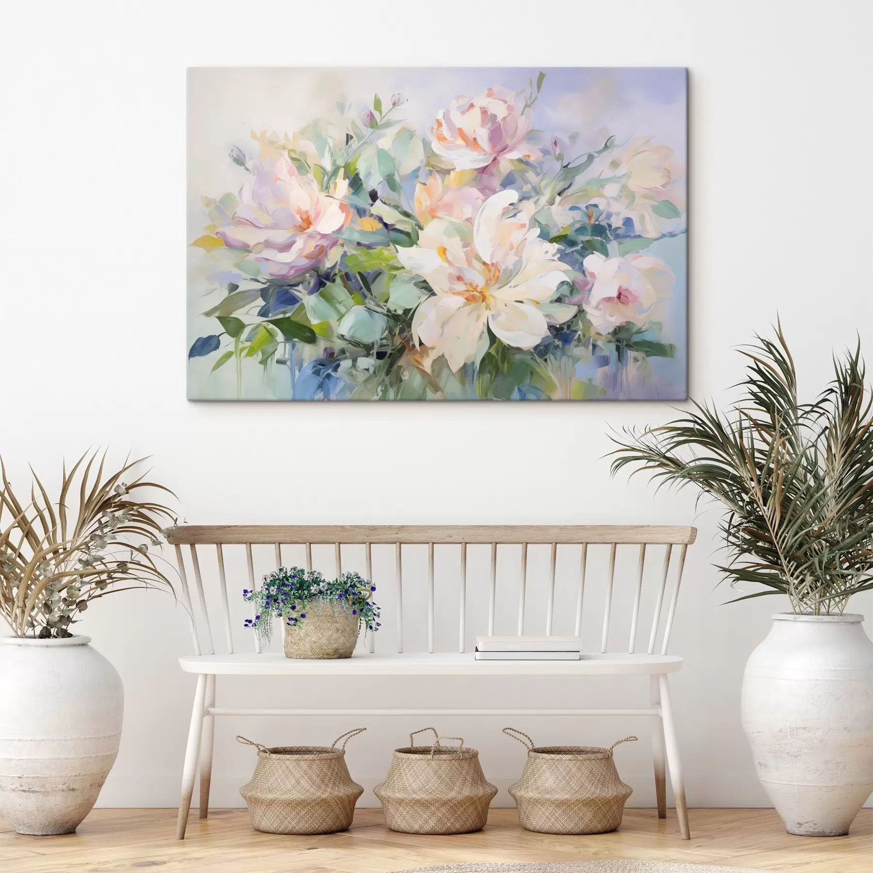 Fototapete Ein Blumenarrangement mit pastellfarbenen Blumen und blauen Blättern, Ölgemälde-Imitation s43390