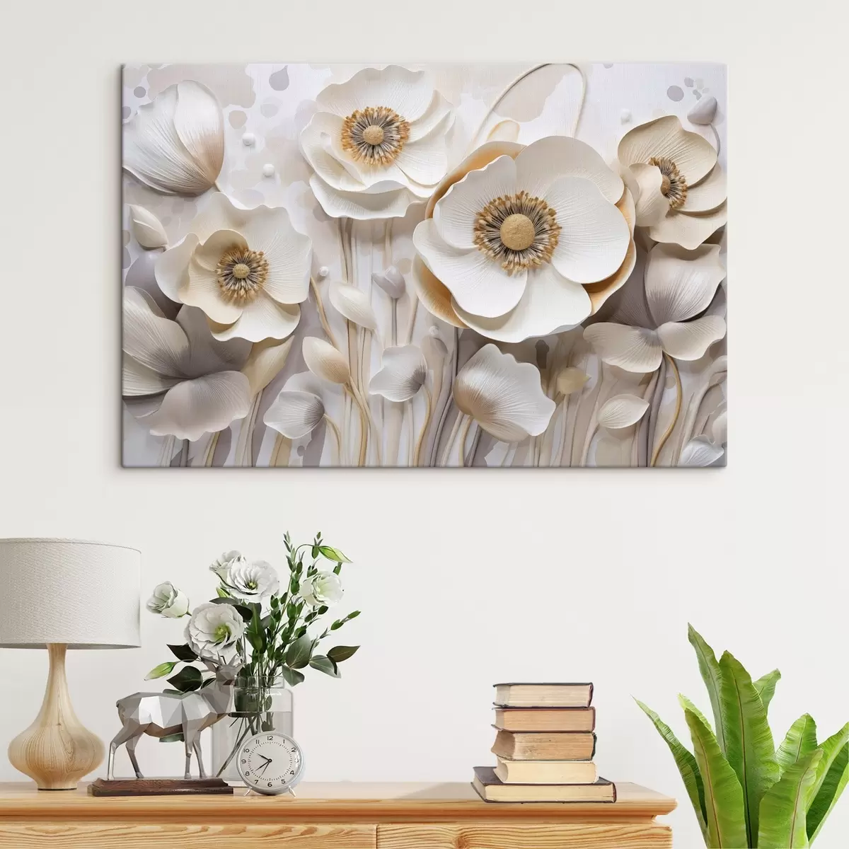 Fototapete Weiße Anemonenblüten mit gelber Mitte, mit minimalistischem Hintergrund, der ein zartes Blumenmuster ergibt s43400