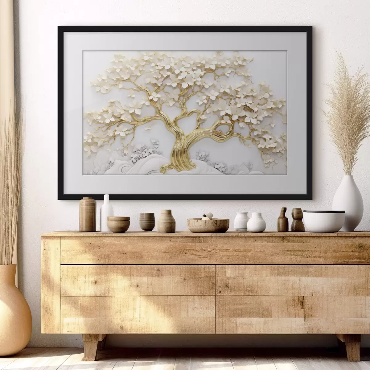 Poster Dekorativer Baum mit weißen Blumen, weißer Hintergrund, weiße Felsen, komplizierte Details, von der Natur inspirierte Kunst f43388