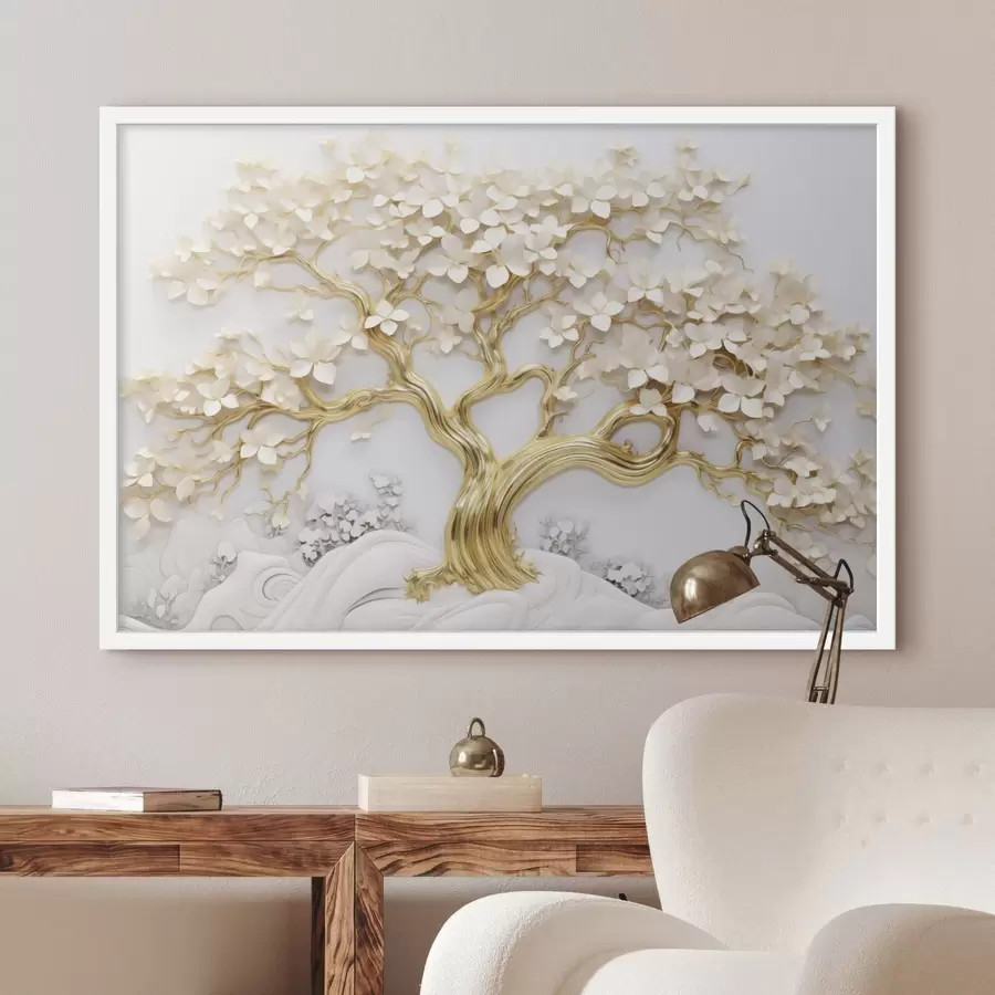 Fototapete Dekorativer Baum mit weißen Blumen, weißer Hintergrund, weiße Felsen, komplizierte Details, von der Natur inspirierte Kunst f43388