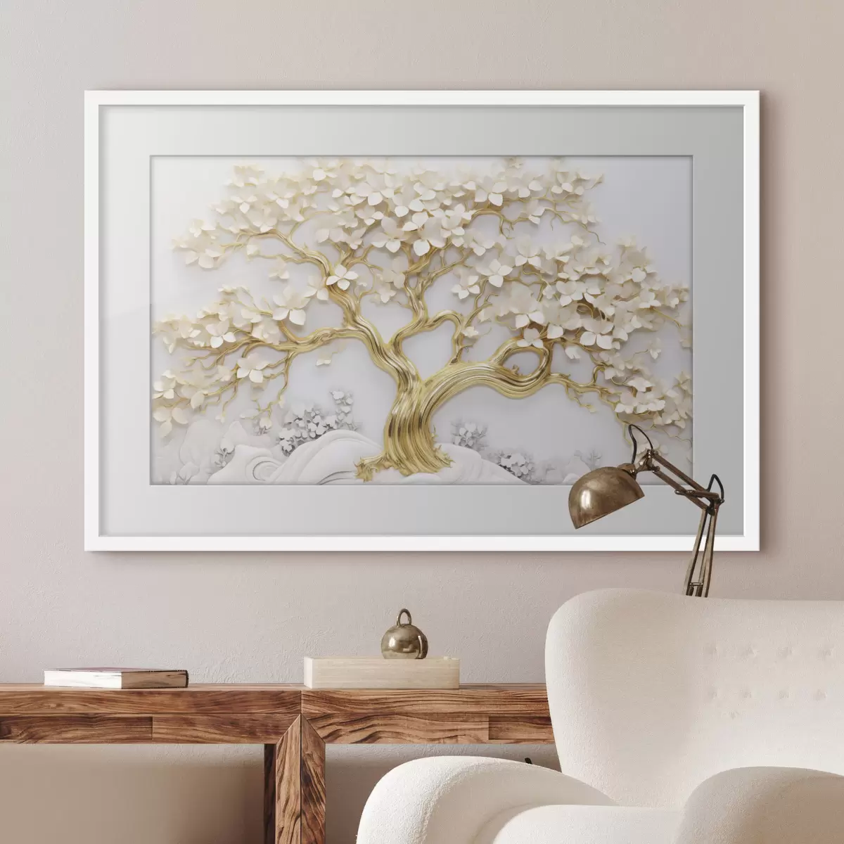 Poster Dekorativer Baum mit weißen Blumen, weißer Hintergrund, weiße Felsen, komplizierte Details, von der Natur inspirierte Kunst f43388