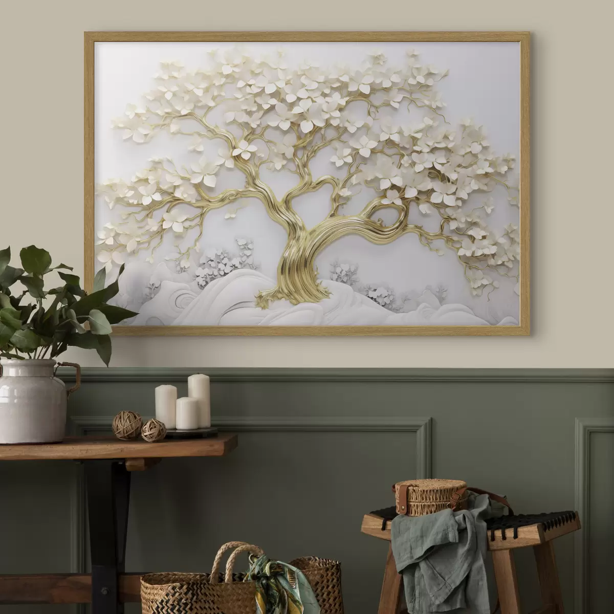 Poster Dekorativer Baum mit weißen Blumen, weißer Hintergrund, weiße Felsen, komplizierte Details, von der Natur inspirierte Kunst f43388