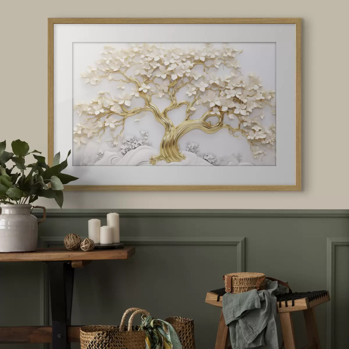 Poster Dekorativer Baum mit weißen Blumen, weißer Hintergrund, weiße Felsen, komplizierte Details, von der Natur inspirierte Kunst f43388
