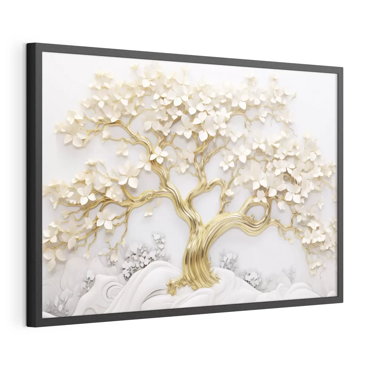 Poster Dekorativer Baum mit weißen Blumen, weißer Hintergrund, weiße Felsen, komplizierte Details, von der Natur inspirierte Kunst f43388
