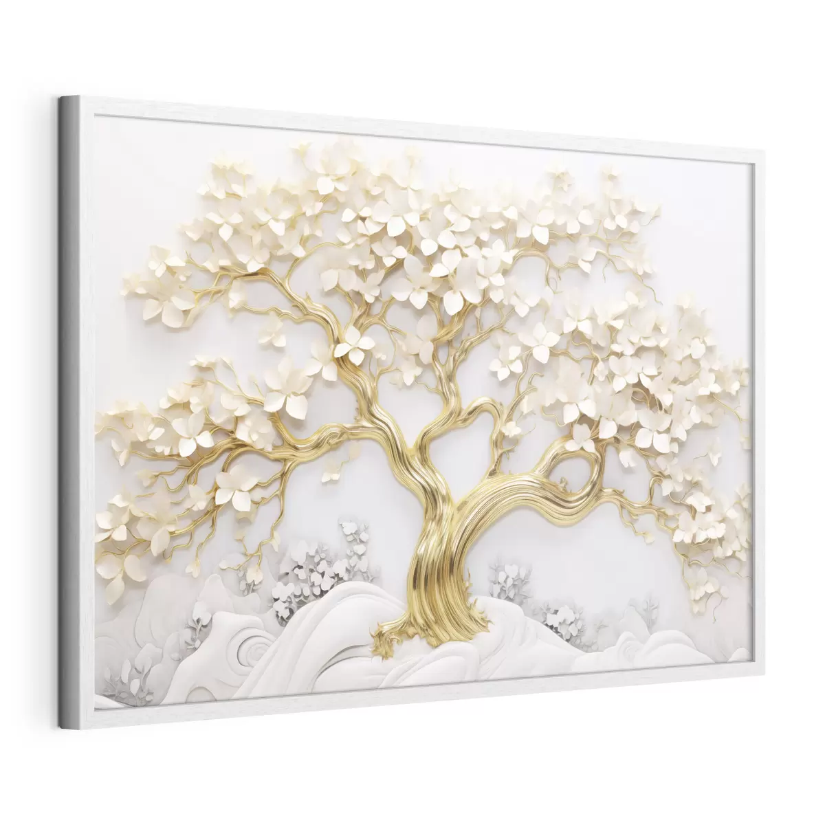Poster Dekorativer Baum mit weißen Blumen, weißer Hintergrund, weiße Felsen, komplizierte Details, von der Natur inspirierte Kunst f43388