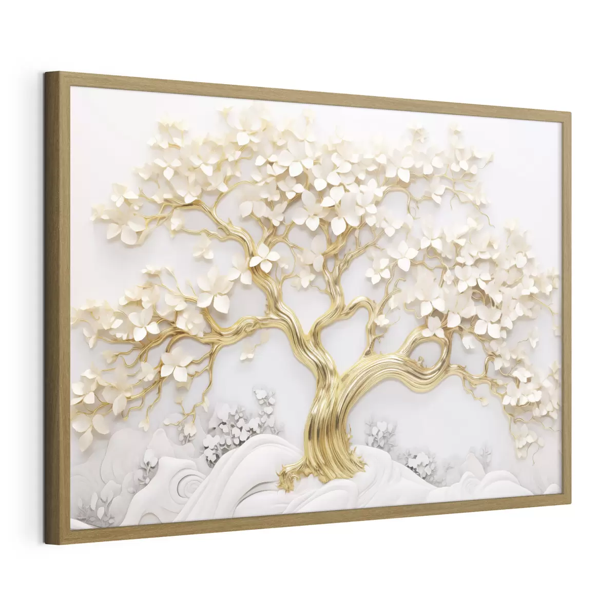 Poster Dekorativer Baum mit weißen Blumen, weißer Hintergrund, weiße Felsen, komplizierte Details, von der Natur inspirierte Kunst f43388