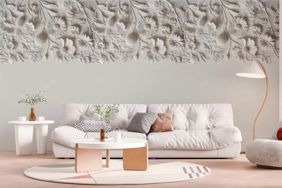 Fototapete Nachahmung von Basreliefblumen auf der Oberseite in Milchfarbe w03398v1