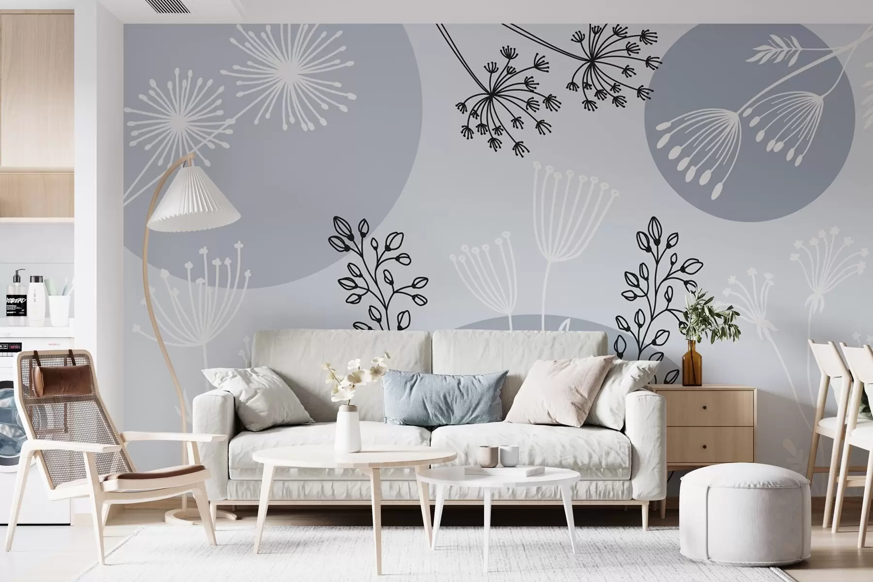 Fototapete Abstraktion mit Kreisen und Pflanzen in Blautönen w03483v2