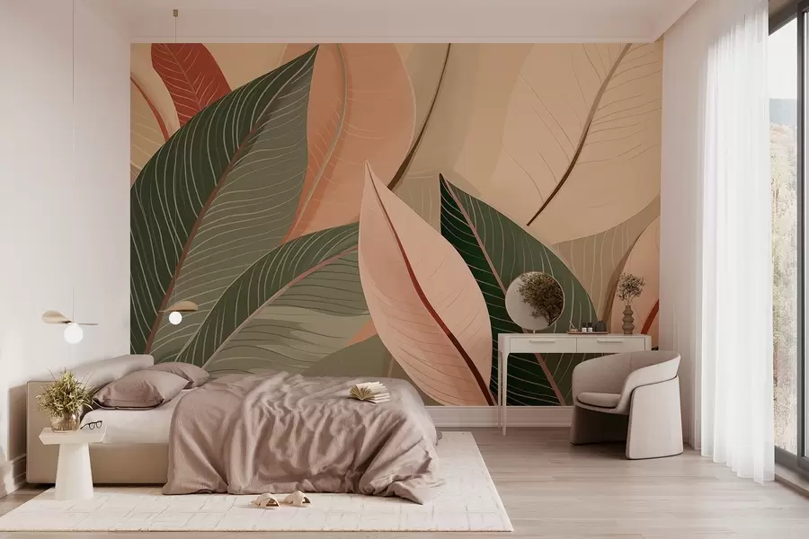 Fototapete Nahaufnahme von Blättern in Olivgrün und rosa-cremefarben w08944