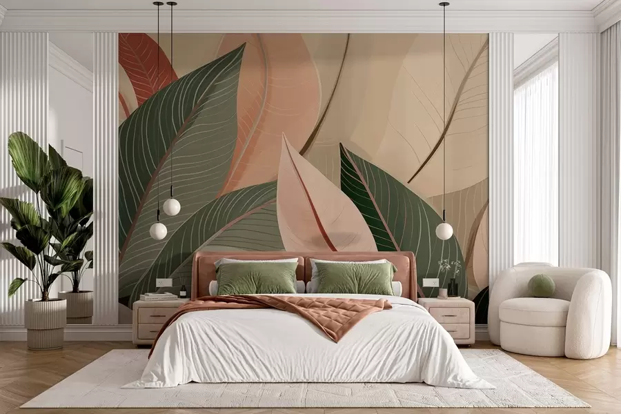 Fototapete Nahaufnahme von Blättern in Olivgrün und rosa-cremefarben w08944