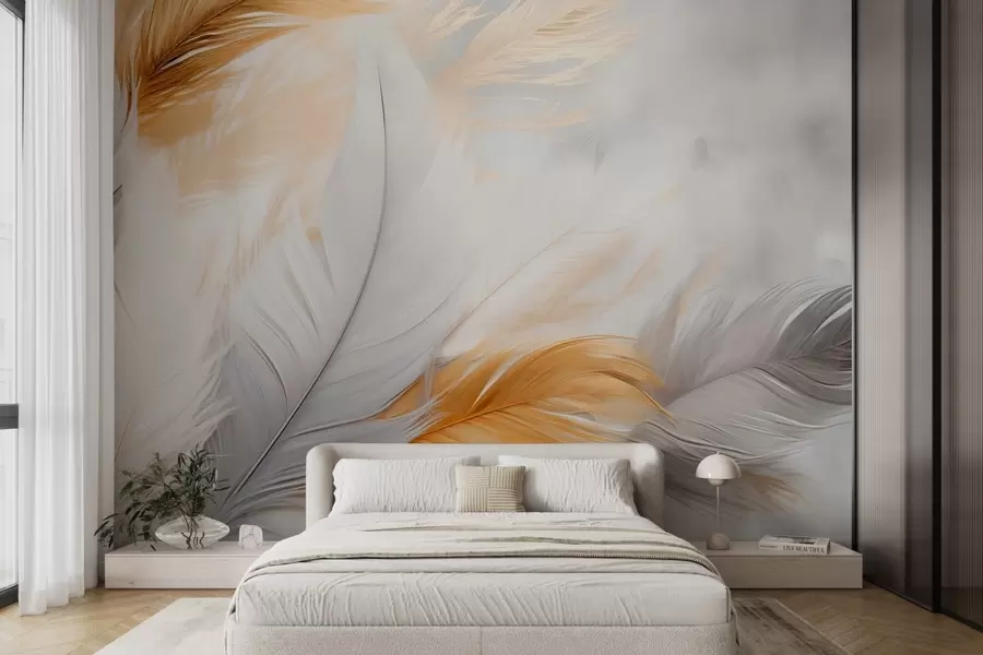 Fototapete Graue und gelbe Federn auf grauem Hintergrund w08937