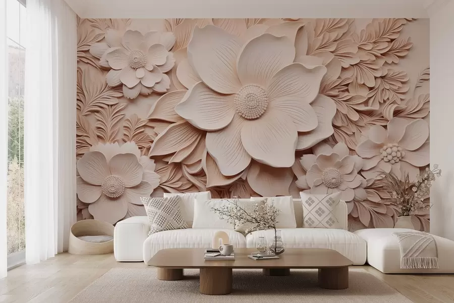 Fototapete Beigefarbene Blüten und Blätter mit Relief-Effekt w08933