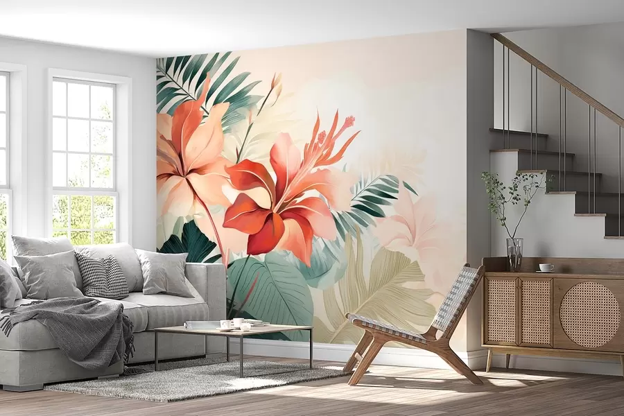 Fototapete Tropische Blumen mit grünen Blättern w08938