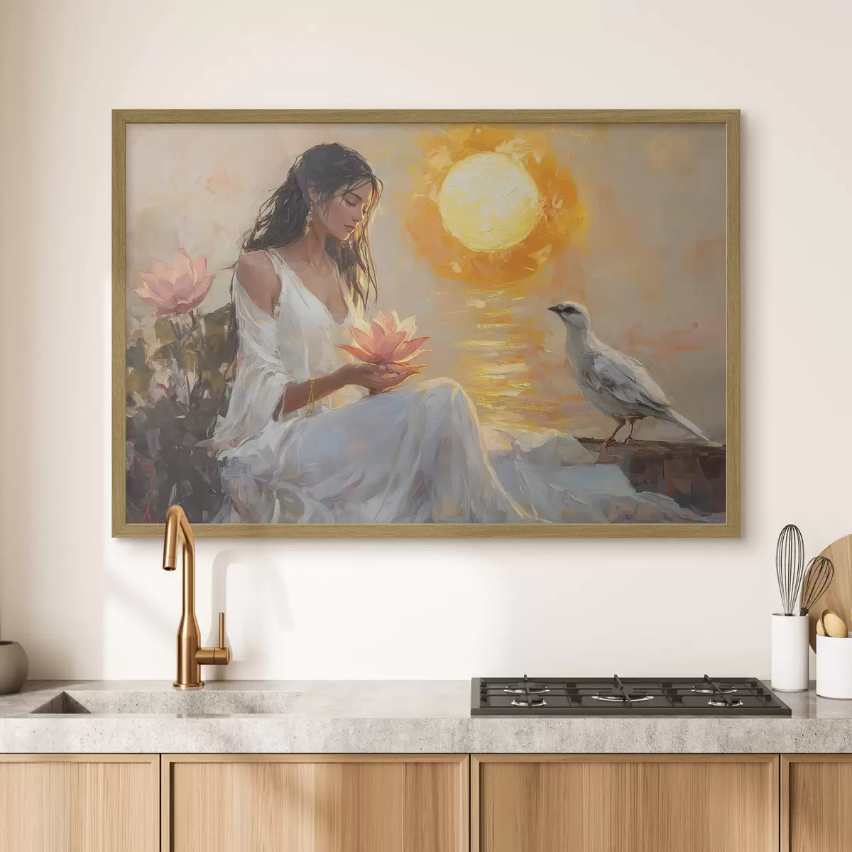 Poster Frau mit Lotosblüte im Sonnenuntergang, weißer Vogel, Ölzeichnung f43501