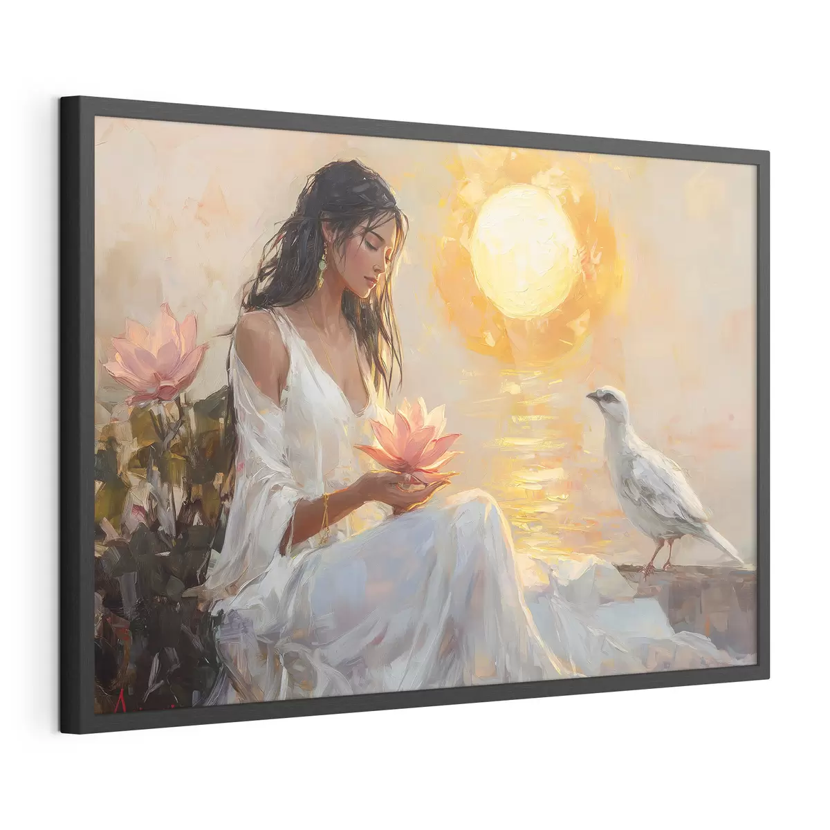 Poster Frau mit Lotosblüte im Sonnenuntergang, weißer Vogel, Ölzeichnung f43501