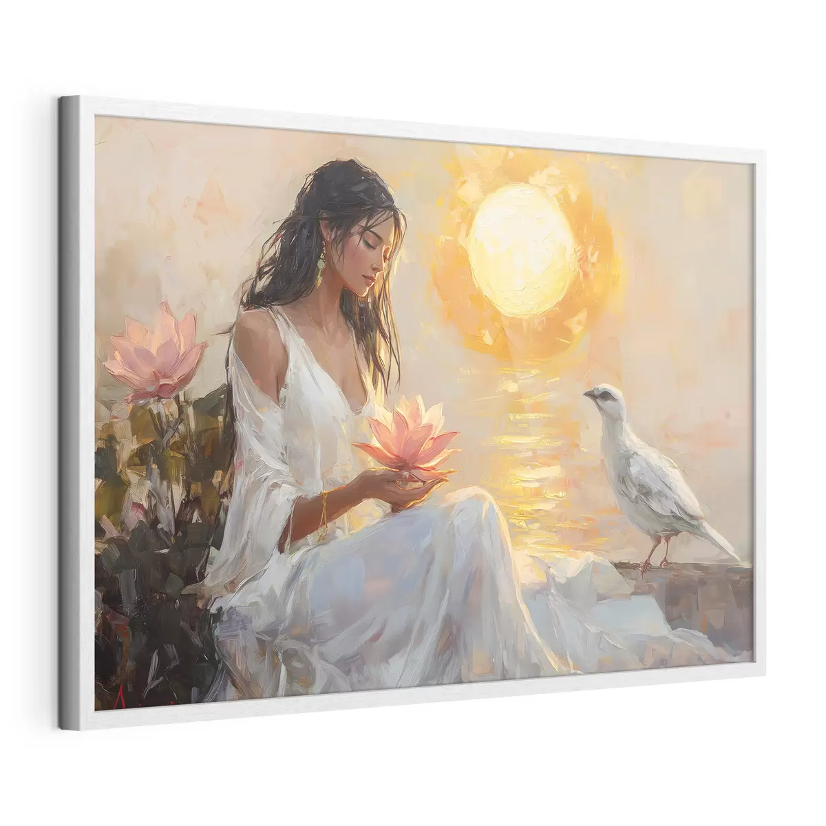Poster Frau mit Lotosblüte im Sonnenuntergang, weißer Vogel, Ölzeichnung f43501