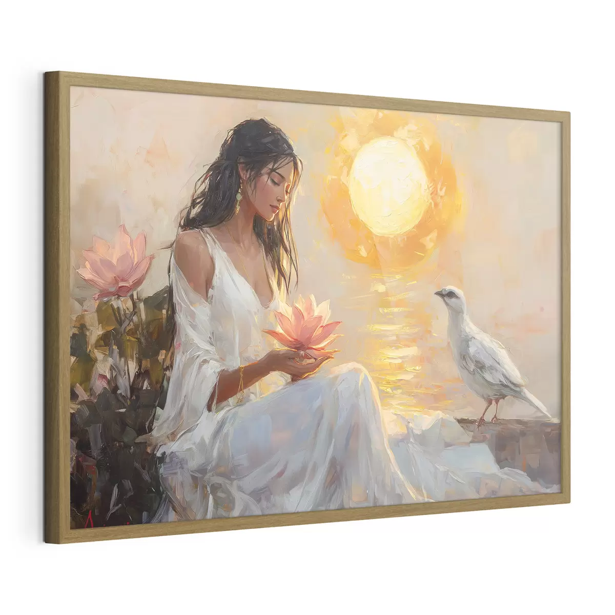 Poster Frau mit Lotosblüte im Sonnenuntergang, weißer Vogel, Ölzeichnung f43501