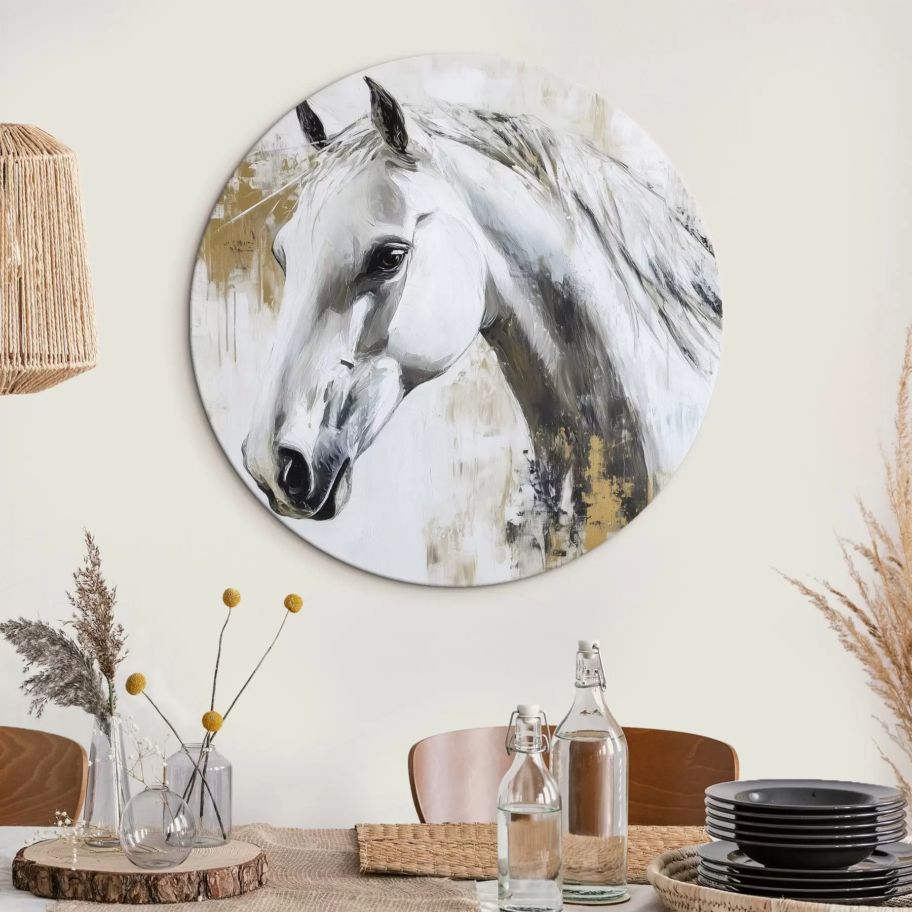 Fototapete Weißes Pferd, Öl-Stil-Zeichnung, Tiere, lebhafte Pinselstriche r43497