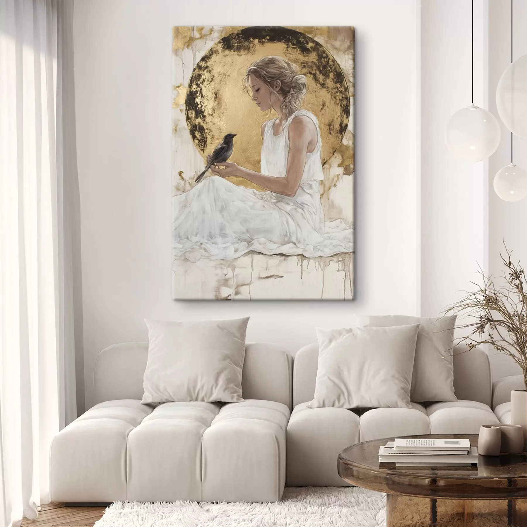 Fototapete Schöne Frau mit Vogel, Griechenland, Acryl-Stil Zeichnung s43503