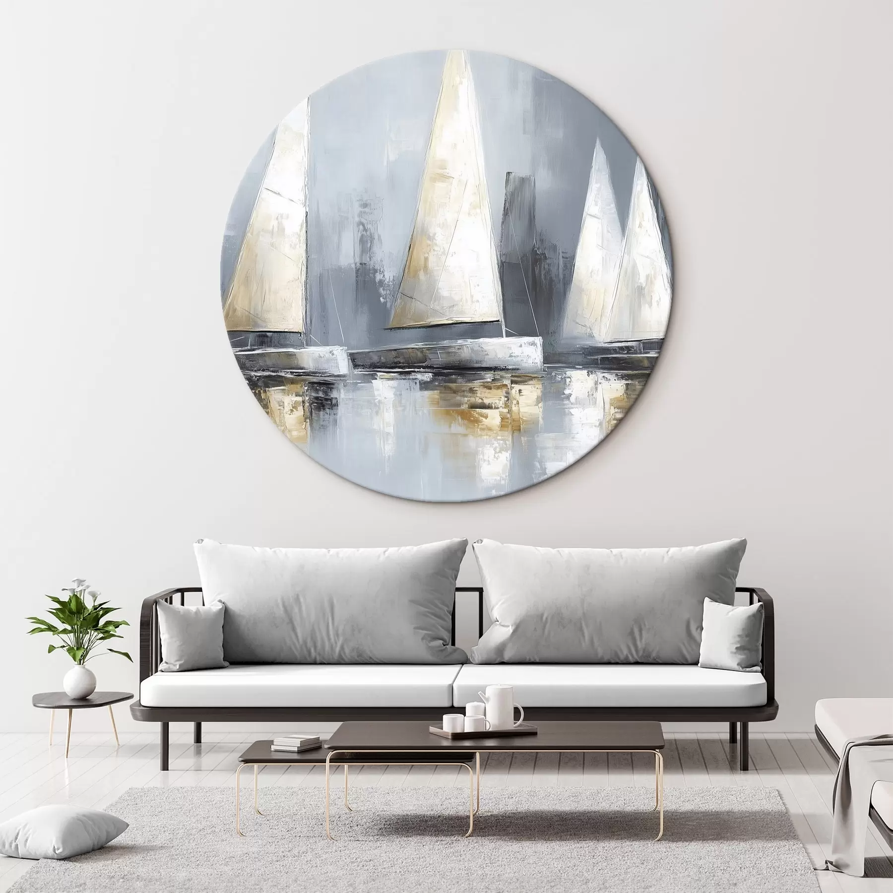 Fototapete Segelboote mit Spiegelungen im Wasser, Ölzeichnung, graue Farben r43506